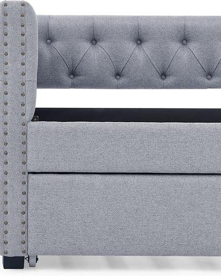 Twin Size Linen Upholstered Daybed with Trundle, Bedroom Wood Sofa Bed w/Button Tufted and Copper Nail on Square Arms, No Spring Box Need, for Guest Room,Grey (85"x42.5"x31.5") - LeafyLoom