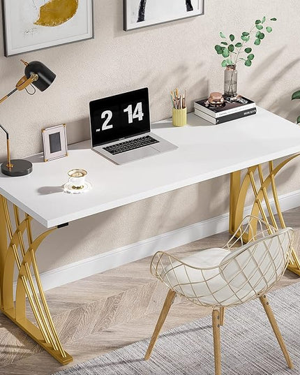 55’’ Large Modern Computer Desk, White & Gold Luxury Laptop PC Student Table, Makeup Vanity Table with Thick Frame & Strong Legs, Sturdy Writing Workstation for Home & Office - LeafyLoom