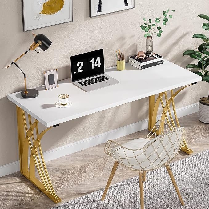 55’’ Large Modern Computer Desk, White & Gold Luxury Laptop PC Student Table, Makeup Vanity Table with Thick Frame & Strong Legs, Sturdy Writing Workstation for Home & Office - LeafyLoom