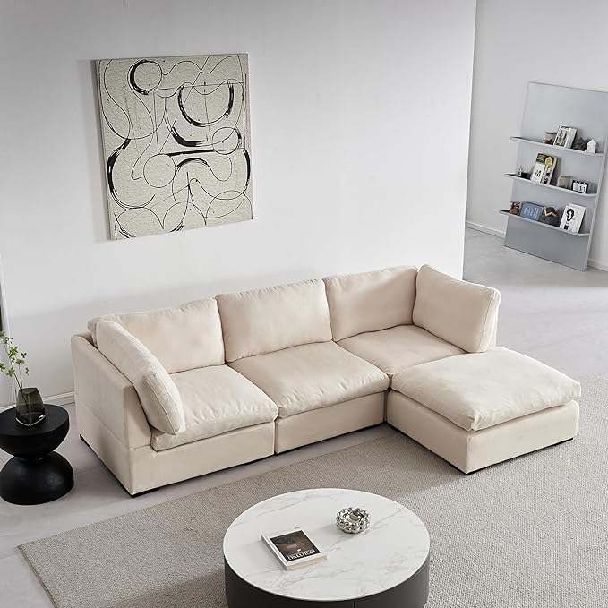 Cloud Modular Sectional Sofa, Comfort 60% Down Filled L Shaped Sleeper Sofa Couch Bed with Movable Ottoman for Living Room, Minimalist Wide Deep Seat Convertible Corner Sofa&Couches for Office - LeafyLoom