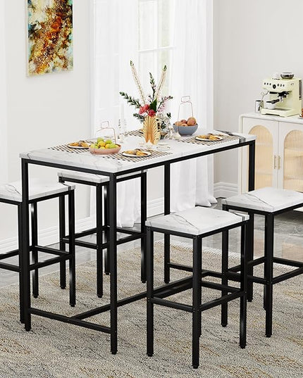Yongchuang 5 Piece Bar Table Set, Kitchen Bar Table and Chairs Set of 4, Modern Metal Counter Height Table with Stools for Dining Room, Living Room Breakfast Table White Faux Marble Wood Top - LeafyLoom