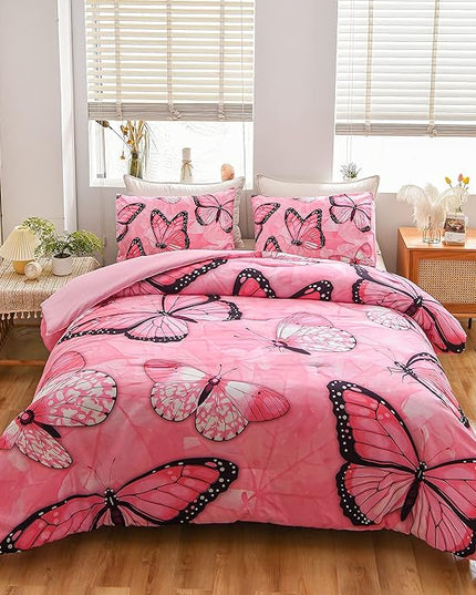 Btargot 3 Piece Pink Butterfly Girls Kids Adults Full Size Comforter Set, Lightweight Soft All Season Bedding Set with 2 Pillowcases - LeafyLoom