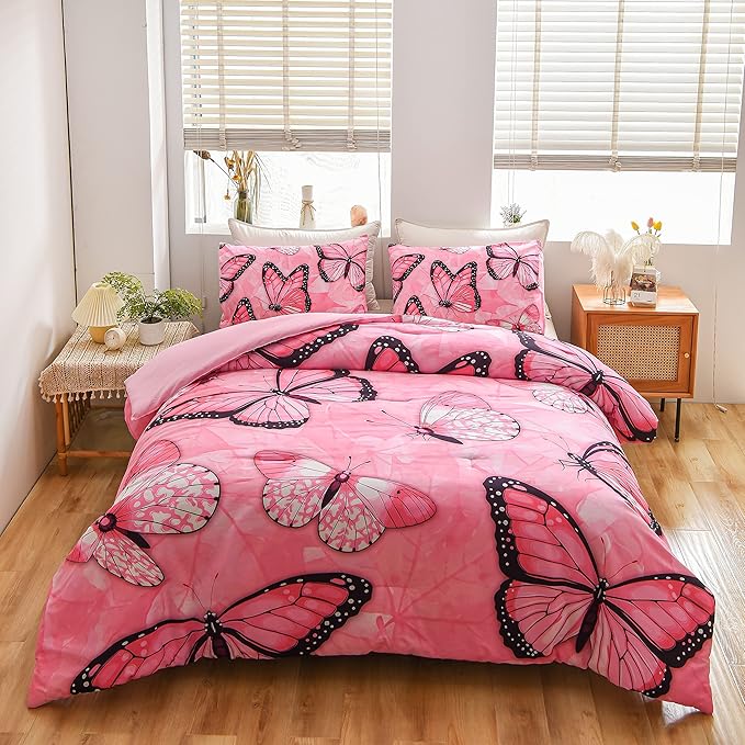 Btargot 3 Piece Pink Butterfly Girls Kids Adults Full Size Comforter Set, Lightweight Soft All Season Bedding Set with 2 Pillowcases - LeafyLoom
