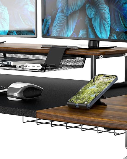 SHW 62-Inch Extra Large Electric Height Adjustable Standing Desk with Monitor Riser and Drawer, 62 x 28 Inches, Walnut - LeafyLoom