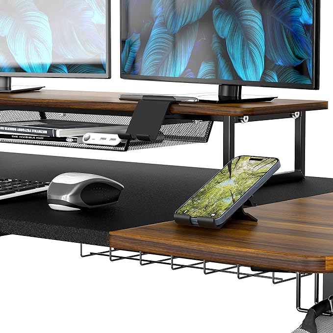 SHW 62-Inch Extra Large Electric Height Adjustable Standing Desk with Monitor Riser and Drawer, 62 x 28 Inches, Walnut - LeafyLoom