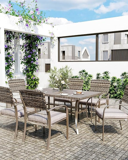 Pamapic Patio Table and Chairs Set, All-Weather Rattan Outdoor Table and Chairs with Removable Waterproof Cushions, Plastic-Wood Patio Dining Set for 6 with Umbrella Hole(Gray) - LeafyLoom