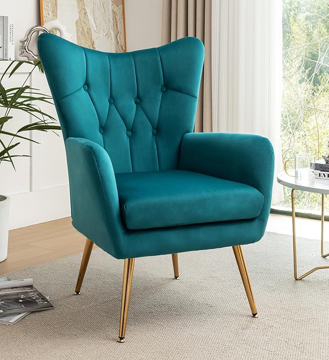 US Pride Furniture Modern Accent Chair with Ergonomic High Wingback, Microfiber Upholstered Armchair with Metal Legs for Living Room, Bedroom, Office or Vanity, Dark Teal - LeafyLoom