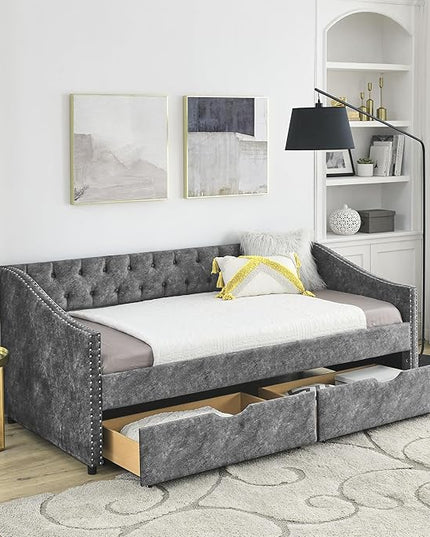 Twin Size Upholstered Daybed with Two Storage Trundle Drawers, Wooden Sofa Bed w/Button Tufted Backrest and Waved Shape Arms, No Box Spring Needed, for Living Room, Bedroom, Dorm, Grey - LeafyLoom