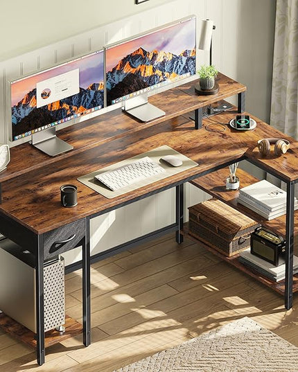 SUPERJARE 53 inch Reversible L Shaped Desk with LED Lights & Power Outlets, Computer Desk with Shelves & Monitor Stand, Gaming Desk with Drawer, Home Office Desk Corner Desk, Rustic Brown - LeafyLoom