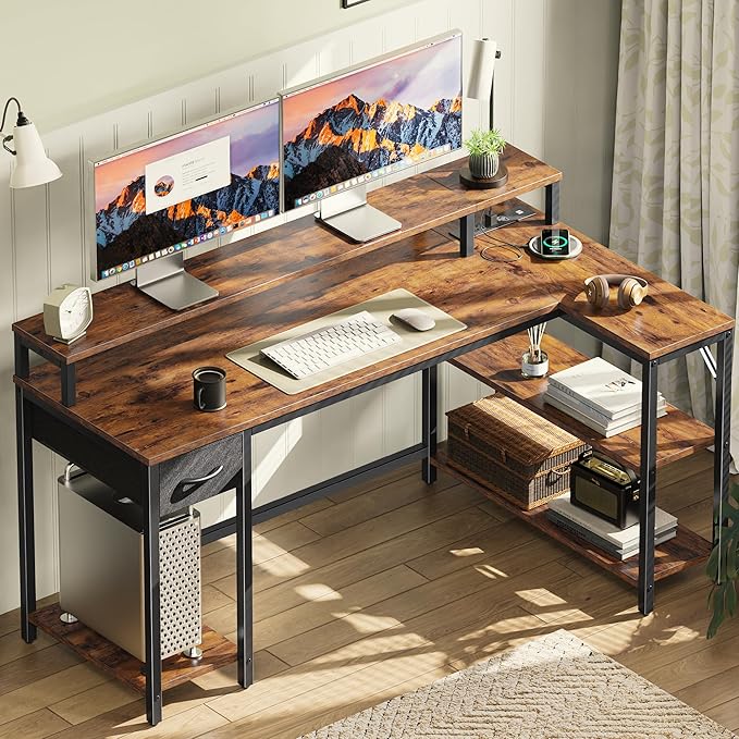 SUPERJARE 53 inch Reversible L Shaped Desk with LED Lights & Power Outlets, Computer Desk with Shelves & Monitor Stand, Gaming Desk with Drawer, Home Office Desk Corner Desk, Rustic Brown - LeafyLoom
