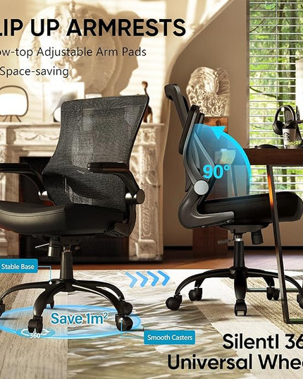 T29 Ergonomic Office Chair, Comfy Computer Desk Chair, Mesh Back Home Office Chair with PU Leather Padded, Adjustable Lumbar Support, Flip-up Arms,Swivel Wheels,Work Task Chair for Long Hours - LeafyLoom