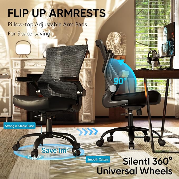 T29 Ergonomic Office Chair, Comfy Computer Desk Chair, Mesh Back Home Office Chair with PU Leather Padded, Adjustable Lumbar Support, Flip-up Arms,Swivel Wheels,Work Task Chair for Long Hours - LeafyLoom