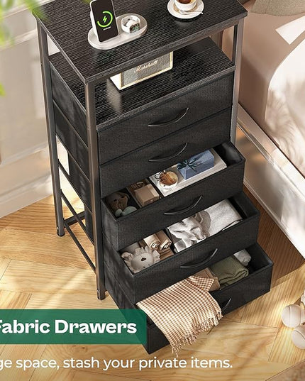 5 Drawers Dresser with Charging Station, Dresser for Bedroom, Tall Night Stand, Chest of Drawers with Open Shelf, Bedside Table Nightstand, Fabric Dresser Storage Drawers, for Entryway, Black - LeafyLoom