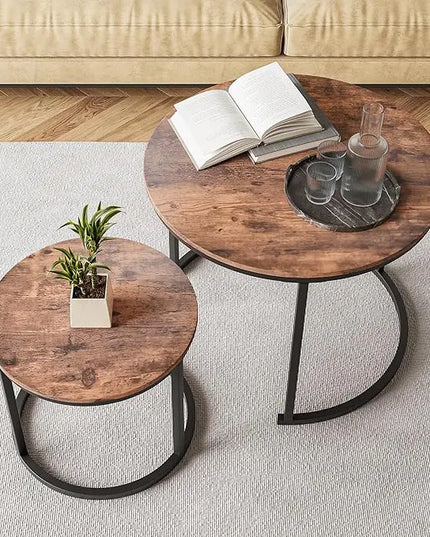 Round Coffee Table Set of 2 for Living Room,Black Small Coffee Table Living Room Table,Nesting Tables Metal Frame/Wood,Sturdy/Easy Assembly,Stacking Side Tables Bedroom,Rustic Brown - LeafyLoom