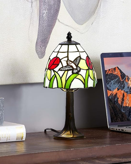 Tiffany Style mini table Lamp-Stained Glass Hummingbird with Tulip Design Table or Desk Light LED Bulb Included-Vintage Look Colorful Accent Decor - LeafyLoom