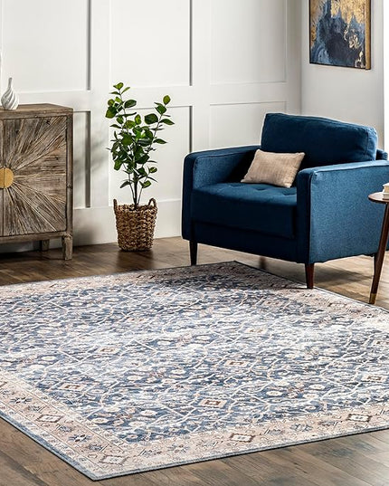 nuLOOM Shae Faded Persian Bordered Machine Washable Ultra Thin Area Rug, 8' x 10', Blue - LeafyLoom