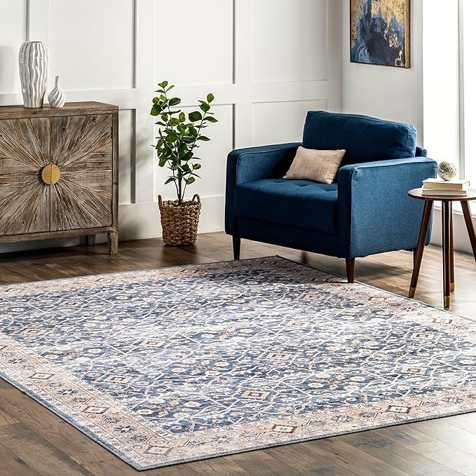 nuLOOM Shae Faded Persian Bordered Machine Washable Ultra Thin Area Rug, 4' x 6', Blue - LeafyLoom