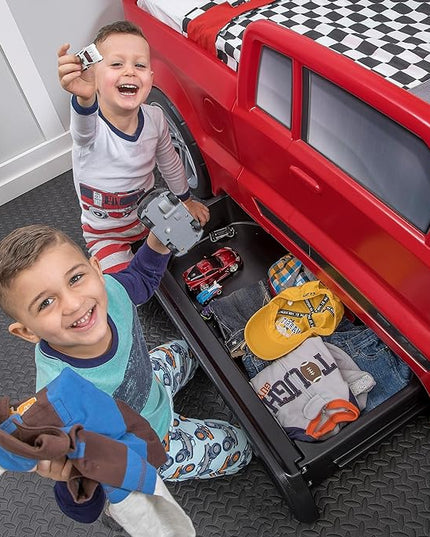 Step2 Turbocharged Twin Size Truck Car Bed, Car Bed for Boys and Girls, Working Headlights & Built-In Storage, Toddlers Ages 3+ Years Old, Adult Assembly Required, Vibrant Red - LeafyLoom