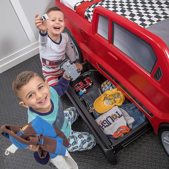 Step2 Turbocharged Twin Size Truck Car Bed, Car Bed for Boys and Girls, Working Headlights & Built-In Storage, Toddlers Ages 3+ Years Old, Adult Assembly Required, Vibrant Red - LeafyLoom