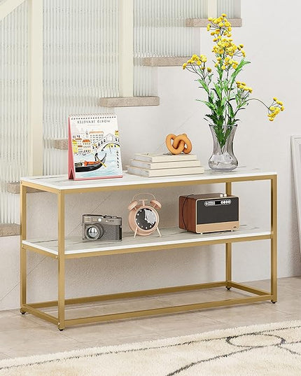 Function Home TV Stand for TVs up to 50 Inch, 3 Tier Entertainment Center, Modern TV Cabinet with Marble Top and Gold Metal Base, 42" Media Console Table with Storage for Living Room Bedroom - LeafyLoom