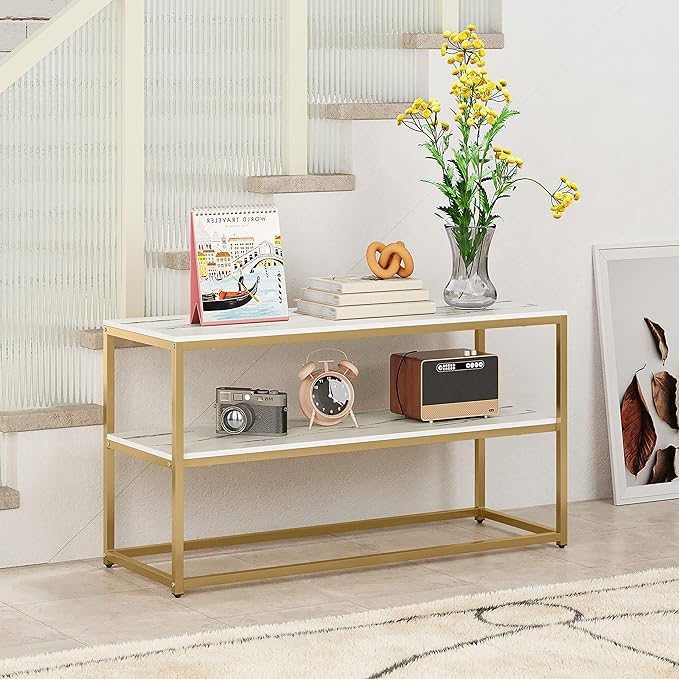 Function Home TV Stand for TVs up to 50 Inch, 3 Tier Entertainment Center, Modern TV Cabinet with Marble Top and Gold Metal Base, 42" Media Console Table with Storage for Living Room Bedroom - LeafyLoom