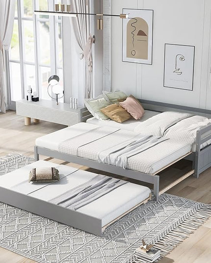 Twin or Double-Twin Daybed with Trundle,Wooden Extendable Daybed-Frame,Solid Wood Sofa Bed Designed for Bedroom/Living Room/Apartment,Hotel,Gray - LeafyLoom