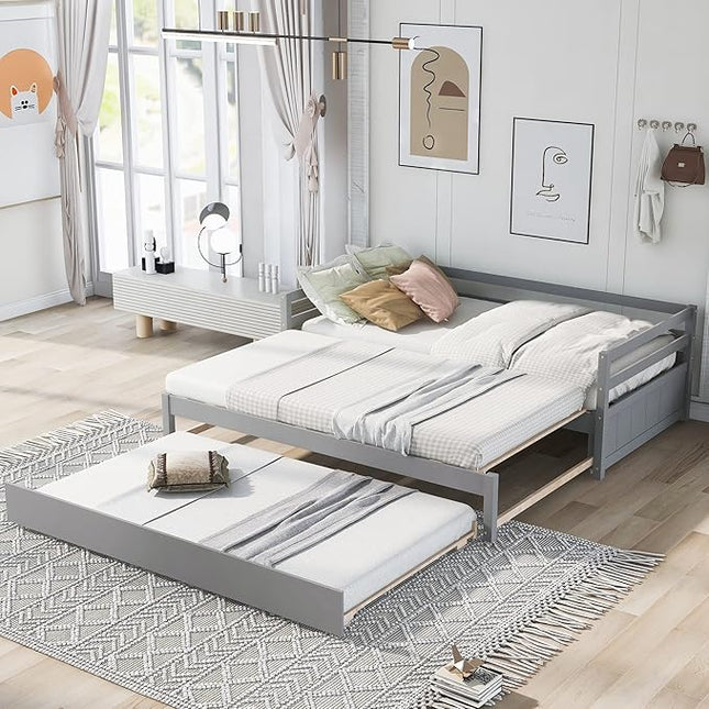 Twin or Double-Twin Daybed with Trundle,Wooden Extendable Daybed-Frame,Solid Wood Sofa Bed Designed for Bedroom/Living Room/Apartment,Hotel,Gray - LeafyLoom