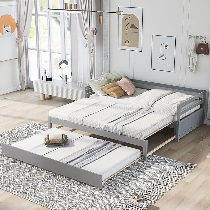 Wooden Extendable Daybed, Twin to King Daybed Frame with Trundle, Extending Sofa Bed for Living Room Bedroom Guest Room, Gray - LeafyLoom