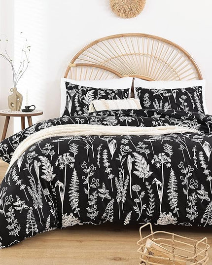 JANZAA Queen,3 PCS Floral Comforter Set with Comforter, Black, Soft Microfiber Bedding Set with 2 Pillow Cases - LeafyLoom