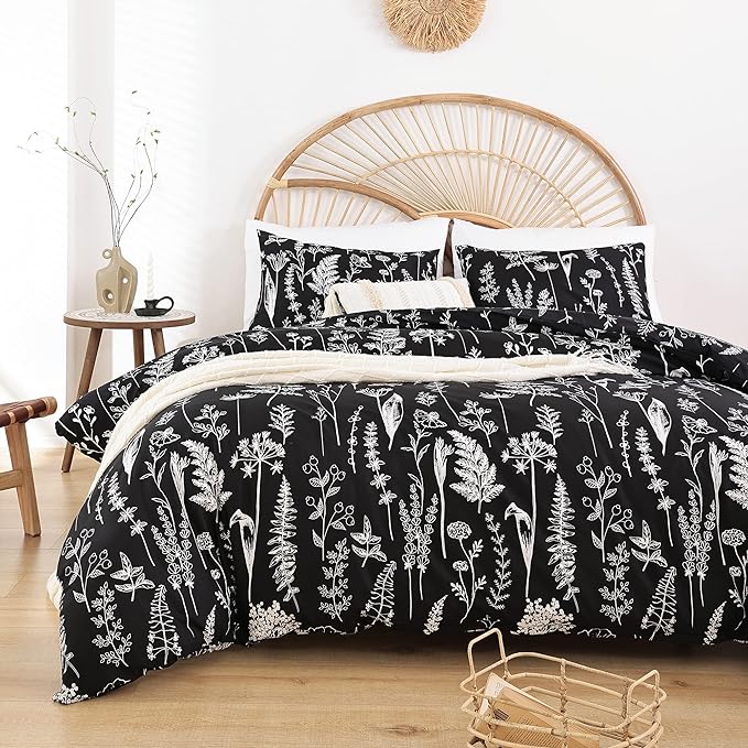 JANZAA Queen,3 PCS Floral Comforter Set with Comforter, Black, Soft Microfiber Bedding Set with 2 Pillow Cases - LeafyLoom