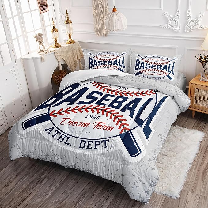 Datura home Baseball Comforter Set Vintage Grey Baseball Printed Quilt Bedding Set with 1 Comforter and 2 Pillowcases for Boys and Girls Bedroom All Season(Baseball Twin) - LeafyLoom