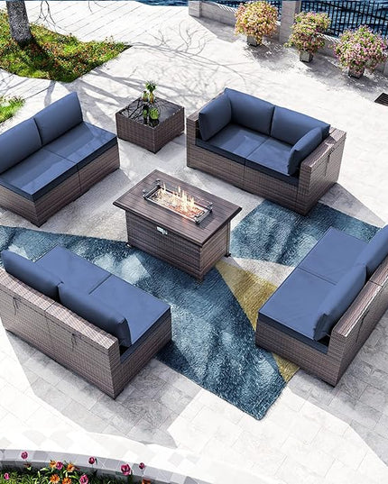 Kullavik 10 Pieces Outdoor Patio Furniture Set with 43" Gas Propane Fire Pit Table PE Wicker Rattan Sectional Sofa Patio Conversation Sets,Navy Blue - LeafyLoom