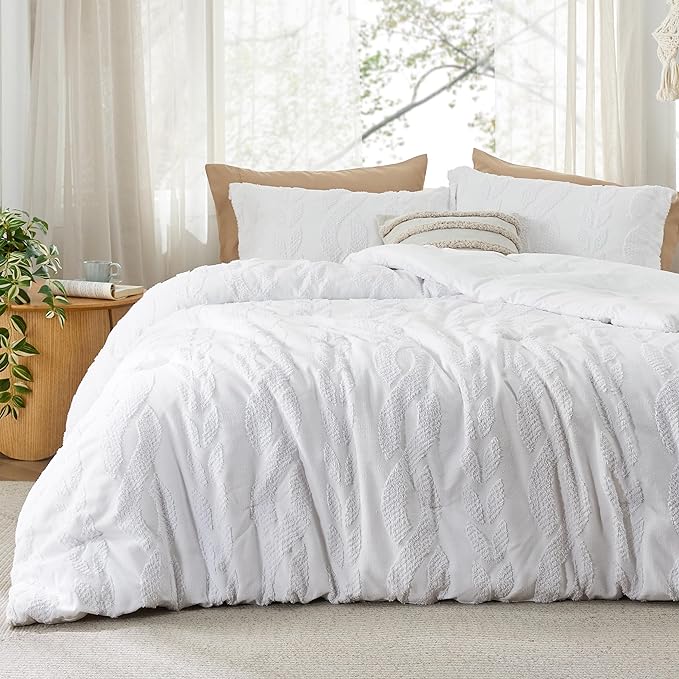 Bedsure King Size Comforter Set White, Boho Tufted Bedding Comforter Set, Farmhouse Jacquard Cable Knit Pattern Bed Set, 3 Pieces, 1 Shabby Chic Fluffy Comforter & 2 Pillow Shams - LeafyLoom