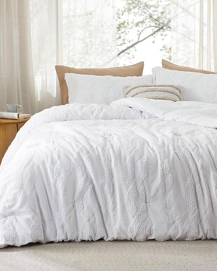 Bedsure Full Size Comforter Set White, Boho Tufted Bedding Comforter Set, Farmhouse Jacquard Cable Knit Pattern Bed Set, 3 Pieces, 1 Shabby Chic Fluffy Comforter & 2 Pillow Shams - LeafyLoom
