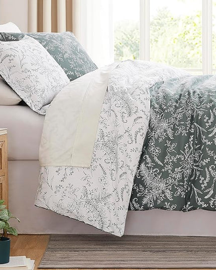 Southshore Fine Living, Inc. Full/Queen Comforter Set, Down Alternative Floral Comforter with Matching Shams, Reversible Print is 2 Colors in 1, Fits Queen & Full Beds, Winter Brush Green/White - LeafyLoom