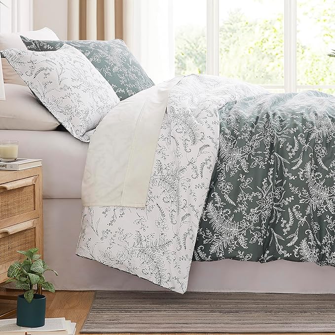 Southshore Fine Living, Inc. Full/Queen Comforter Set, Down Alternative Floral Comforter with Matching Shams, Reversible Print is 2 Colors in 1, Fits Queen & Full Beds, Winter Brush Green/White - LeafyLoom
