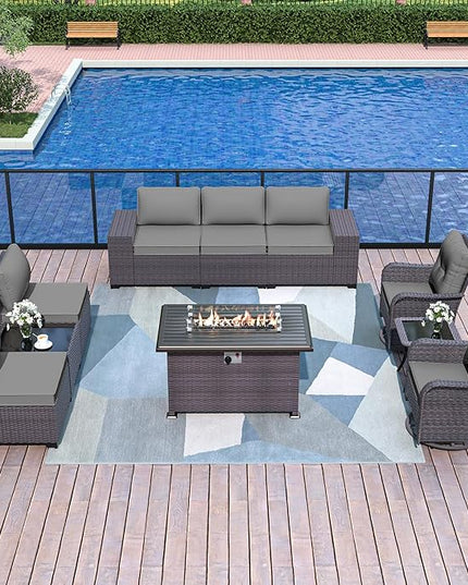 Patio Furniture Sectional Sofa Set 10-Pieces PE Rattan Swivel Rocking Chairs Outdoor Furniture Set w/43in Gas Fire Pit Table, Patio Conversation with 55000 BTU Propane Fire Pit, Grey - LeafyLoom