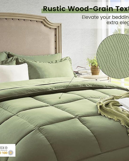 Full Size Bed in a Bag, 7 Pieces Comforter Set, Wood Grain Texture Bedding, Green Bed Set with Comforter, Pillowcases, Flat Sheet, Fitted Sheet and Pillow Shams - LeafyLoom