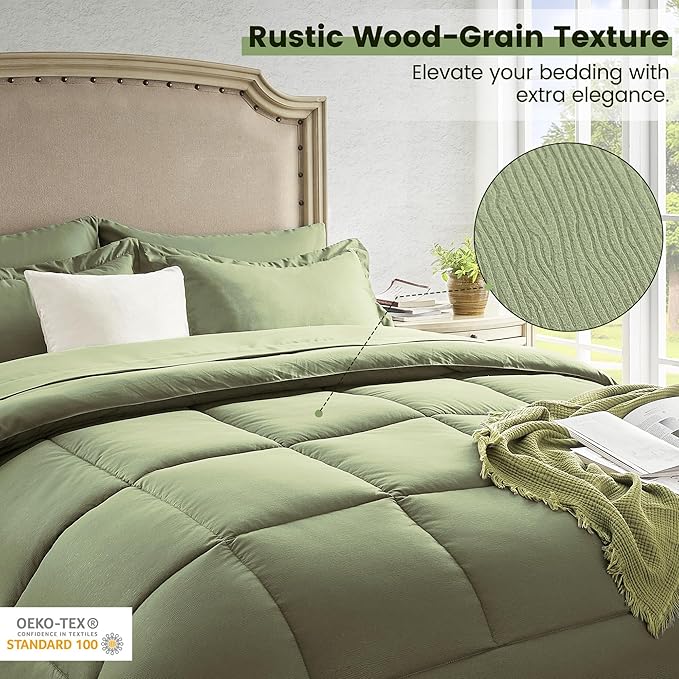 King Size Bed in a Bag 7 Pieces Comforter Set King, Wood Grain Texture Bedding Comforter Set Green Bed Set with Comforter, Pillowcases, Flat Sheet, Fitted Sheet and Pillow Shams - LeafyLoom