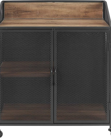 Walker Edison Malcomb Urban Industrial Metal Mesh Double Door Rolling Bar Cabinet, 33 Inch, Rustic Oak - LeafyLoom