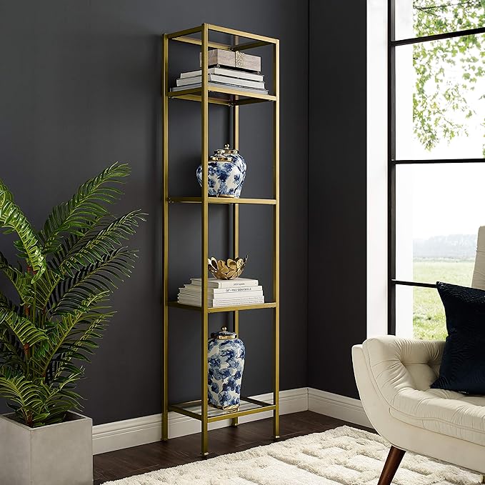 Crosley Furniture Aimee Narrow Etagere Bookcase - Gold and Glass - LeafyLoom