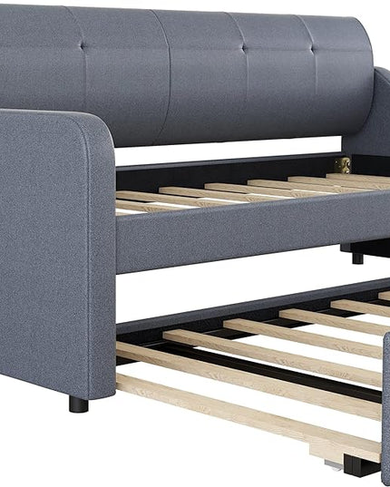 Twin Size Daybed Frame with Pop-up Trundle,Upholstered Day Bed Twin with Charging Station,Wood Sofa Bed Frame with USB for Bedroom,Living Room,Guest(Twin,Gray) - LeafyLoom