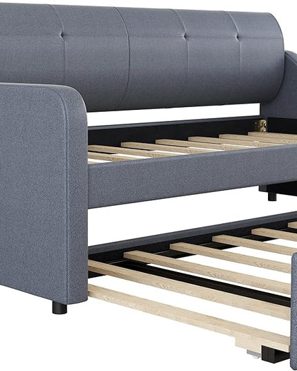 Upholstered Daybed with Pop Up Trundle, Twin Size Daybed with Trundle and USB Charging Ports, for Living Room Bedroom Guest Room, Gray - LeafyLoom