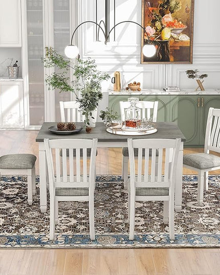Dining Table Set for 6, Wood Kitchen Table and 6 Upholstered Chairs with Backrest, 7-Piece Kitchen Table and Chairs Set with Shaped Legs for Dining Room/Living Room, Grey+White - LeafyLoom