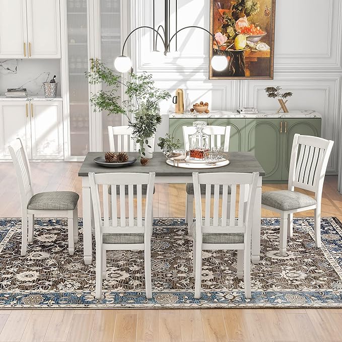 Dining Table Set for 6, Wood Kitchen Table and 6 Upholstered Chairs with Backrest, 7-Piece Kitchen Table and Chairs Set with Shaped Legs for Dining Room/Living Room, Grey+White - LeafyLoom