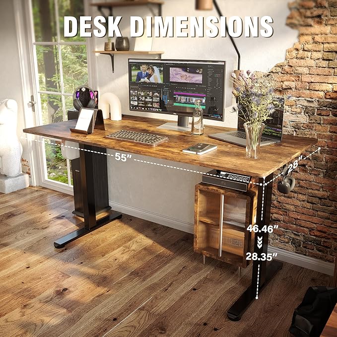 Monomi Electric Standing Desk, Height Adjustable Desk 55x 24 Inches, Ergonomic Home Office Sit Stand Up Desk with Memory Preset Controller (Black Frame/Rustic Brown Top) - LeafyLoom