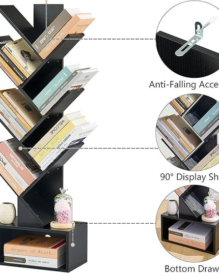 Hoctieon 6 Tier Tree Bookshelf, Tall Bookcase with Drawer, Freestanding Book shelf, Display Floor Standing Storage Shelf, Book Organizer Shelves for Home Office, Living Room, Bedroom, Black - LeafyLoom