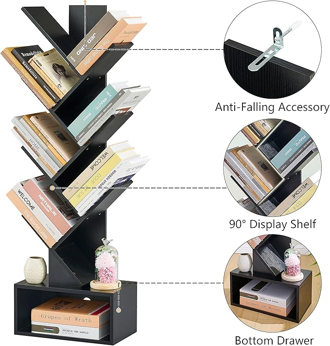 Hoctieon 6 Tier Tree Bookshelf, Tall Bookcase with Drawer, Freestanding Book shelf, Display Floor Standing Storage Shelf, Book Organizer Shelves for Home Office, Living Room, Bedroom, Black - LeafyLoom