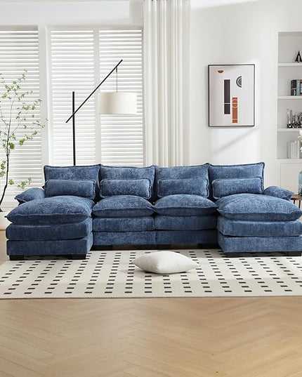 6 Seater Overstuffed Modular Sectional Sofa Cloud Couch with Double Chaise Lounge, U Shaped Chenille Upholstered Leisure Sofa&Couches with Memory Foam and Waist Pillows for Living Room Office - LeafyLoom