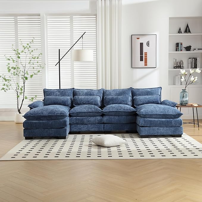 6 Seater Overstuffed Modular Sectional Sofa Cloud Couch with Double Chaise Lounge, U Shaped Chenille Upholstered Leisure Sofa&Couches with Memory Foam and Waist Pillows for Living Room Office - LeafyLoom